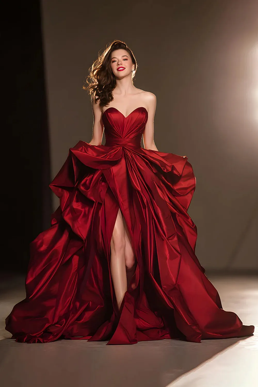 A Line Sweetheart Dark Red Ruffle Prom Dress with Slit sold by Zapaka