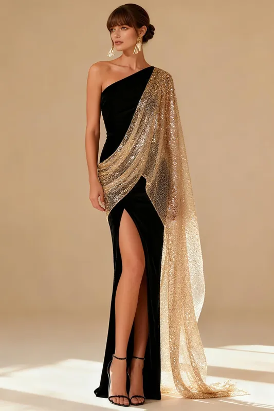 Black Sheath One Shoulder Long Formal Dress with Slit sold by Zapaka