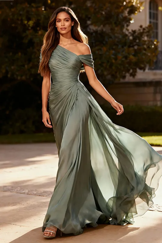 Dusty Sage Chiffon One Shoulder A Line Pleated Long Formal Dress sold by Zapaka