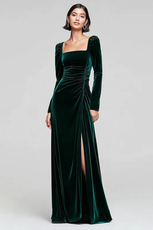 Dark Green Sheath Velvet Long Sleeves Formal Dress with Slit sold by Zapaka