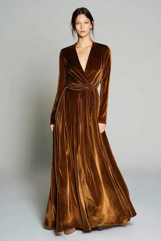 Brown Velvet A Line Ruched Long Formal Dress with Long Sleeves sold by Zapaka