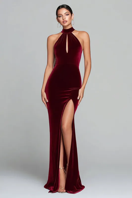 Burgundy Velvet Halter Sheath Long Formal Dress with Slit sold by Zapaka