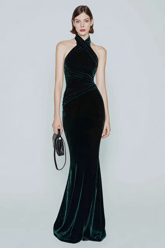 Dark Green Halter Velvet Mermaid Long Formal Dress sold by Zapaka