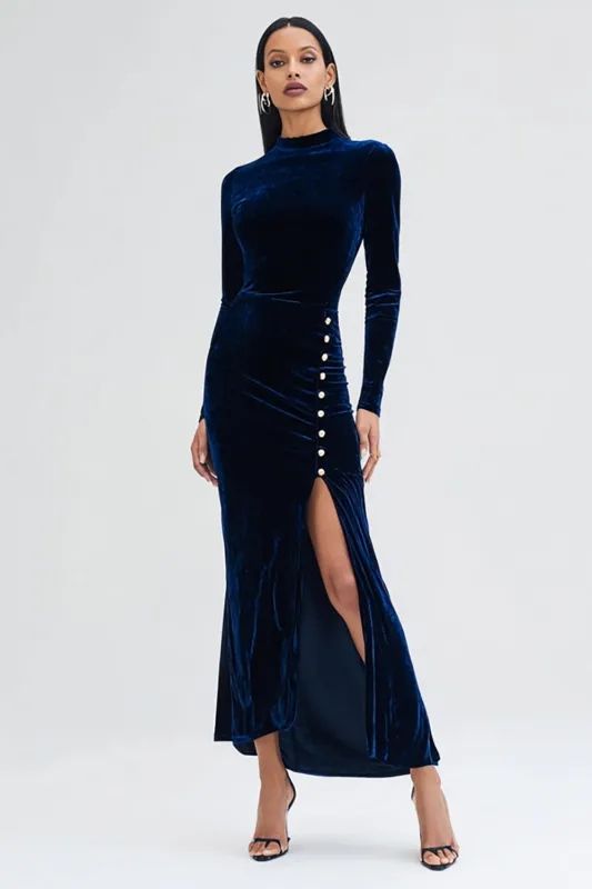 Navy Velvet Sheath Long Sleeves Holiday Party Dress with Slit sold by Zapaka