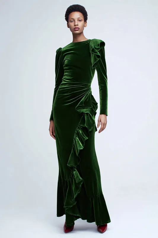 Green Velvet Ruffled Sheath Holiday Party Dress with Long Sleeves sold by Zapaka