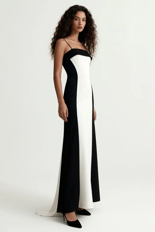 Black and White Spaghetti Straps Sheath Long Formal Dress sold by Zapaka