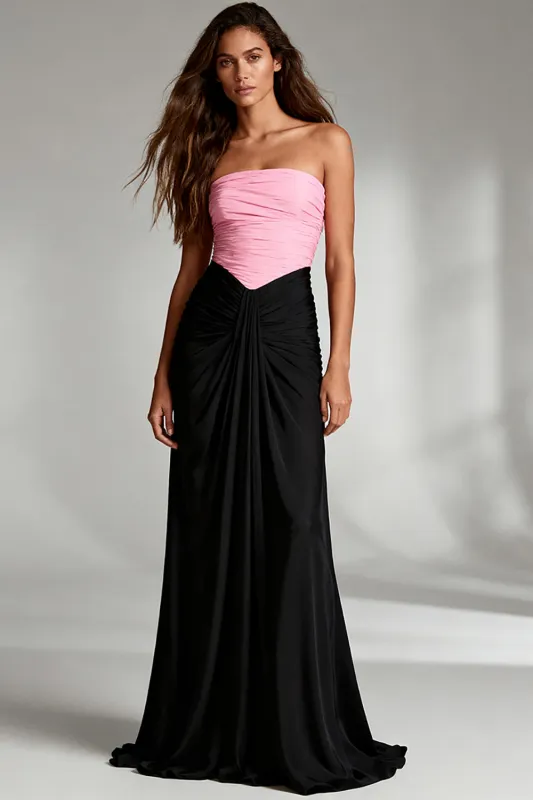 Black and Pink Strapless Ruched Sheath Long Formal Dress made by Zapaka