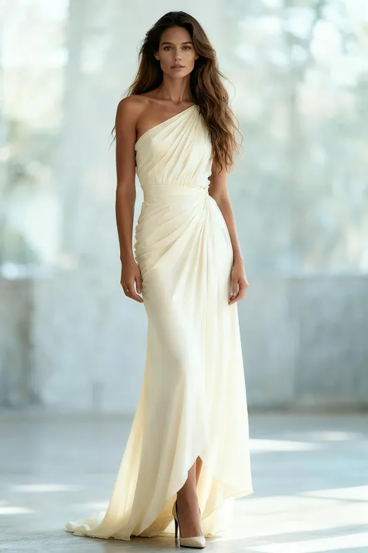Ivory Sheath One Shoulder Ruched Long Formal Dress sold by Zapaka