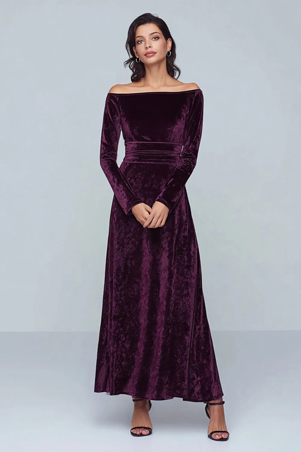 Plum Velvet A-Line Long Holiday Party Dress with Long Sleeves sold by Zapaka