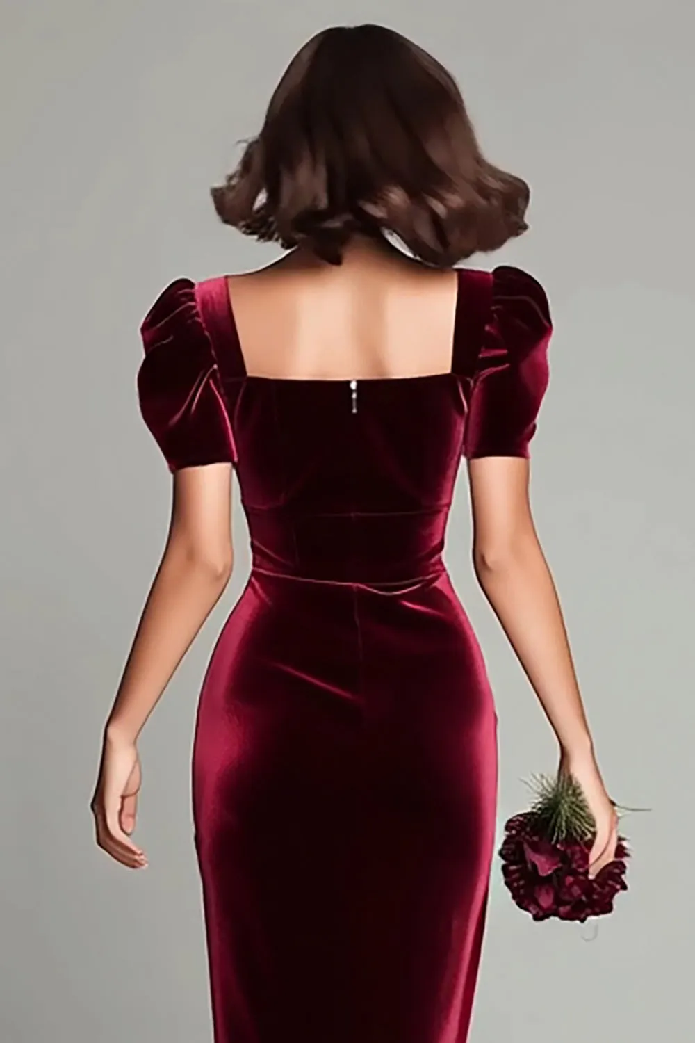 Sheath Burgundy V-Neck Velvet Midi Formal Dress sold by Zapaka product image thumbnail 2