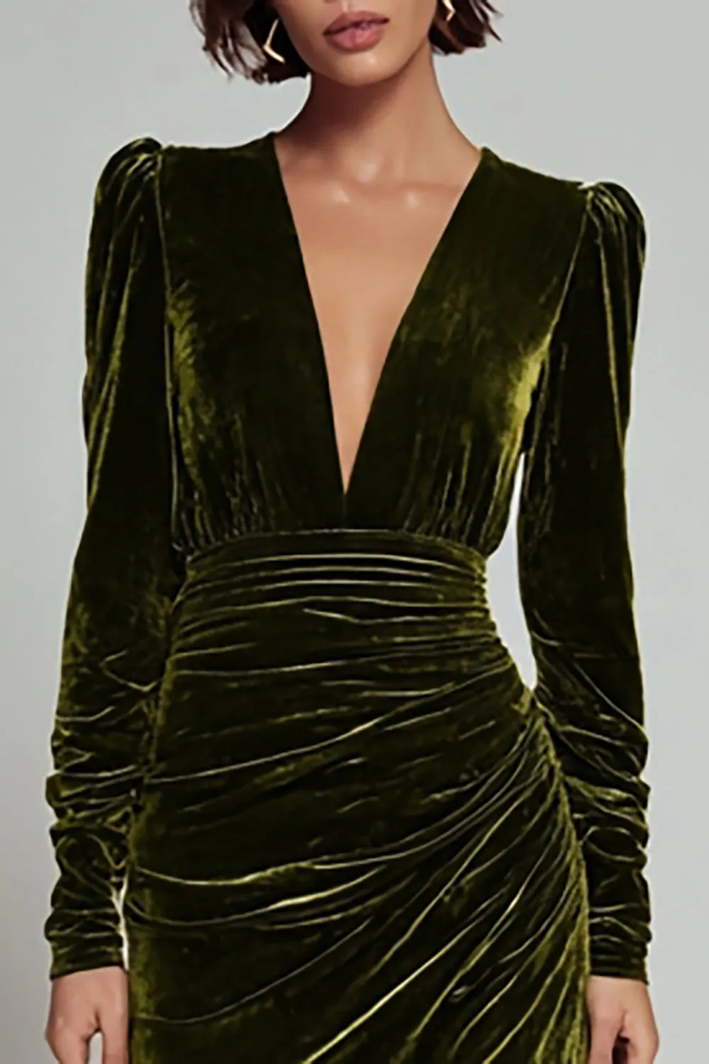 Olive Sheath V-Neck Ruched Velvet Long Formal Dress with slit sold by Zapaka product image thumbnail 3