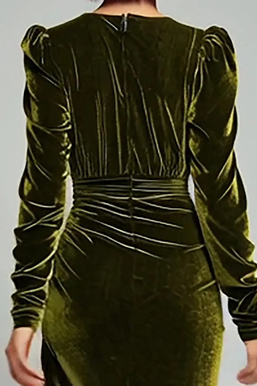 Olive Sheath V-Neck Ruched Velvet Long Formal Dress with slit sold by Zapaka product image thumbnail 4