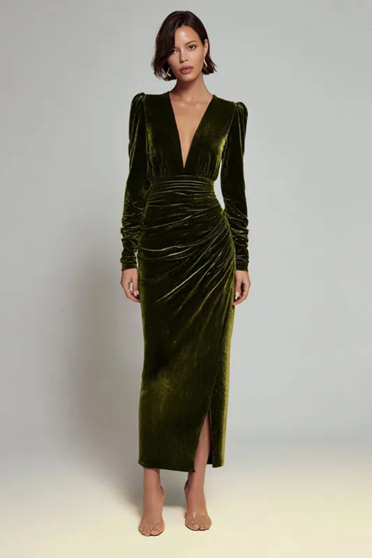 Olive Sheath V-Neck Ruched Velvet Long Formal Dress with slit sold by Zapaka