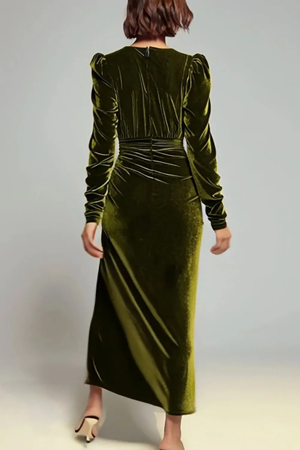 Olive Sheath V-Neck Ruched Velvet Long Formal Dress with slit sold by Zapaka product image thumbnail 2
