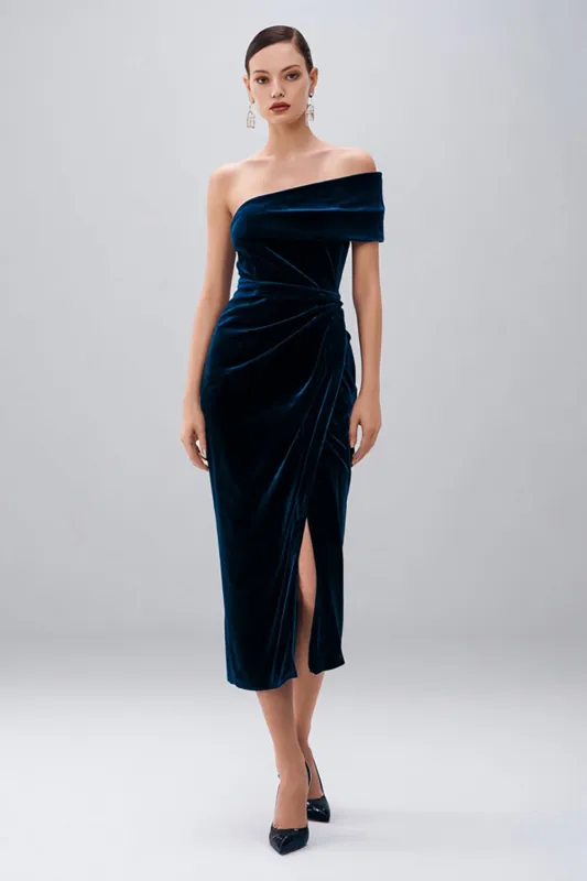 Navy One Shoulder Midi Sheath Velvet Formal Dress with Slit sold by Zapaka