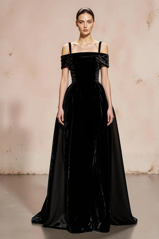 Black A-Line Cold Shoulder Velvet Long Formal Dress sold by Zapaka