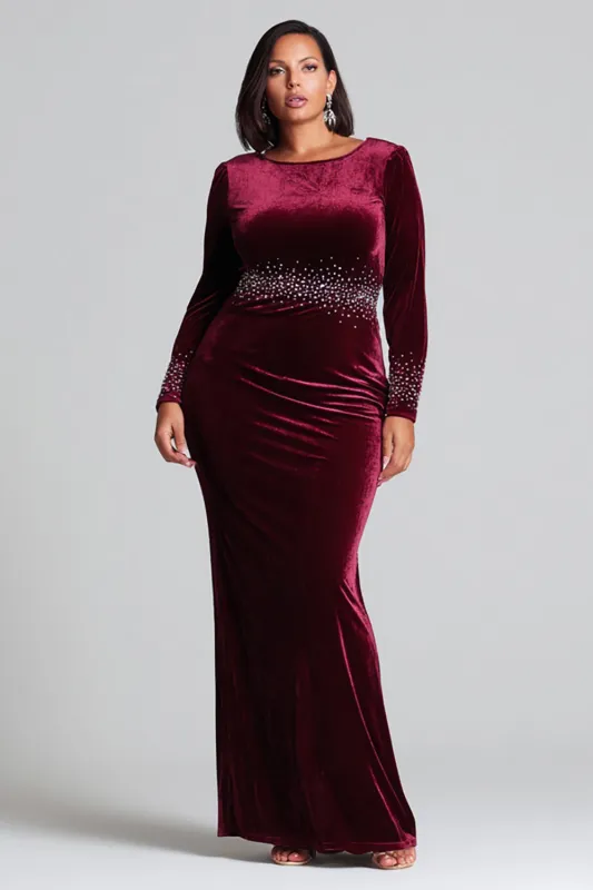 Burgundy Sheath Boat Neck Beaded Velvet Formal Dress sold by Zapaka