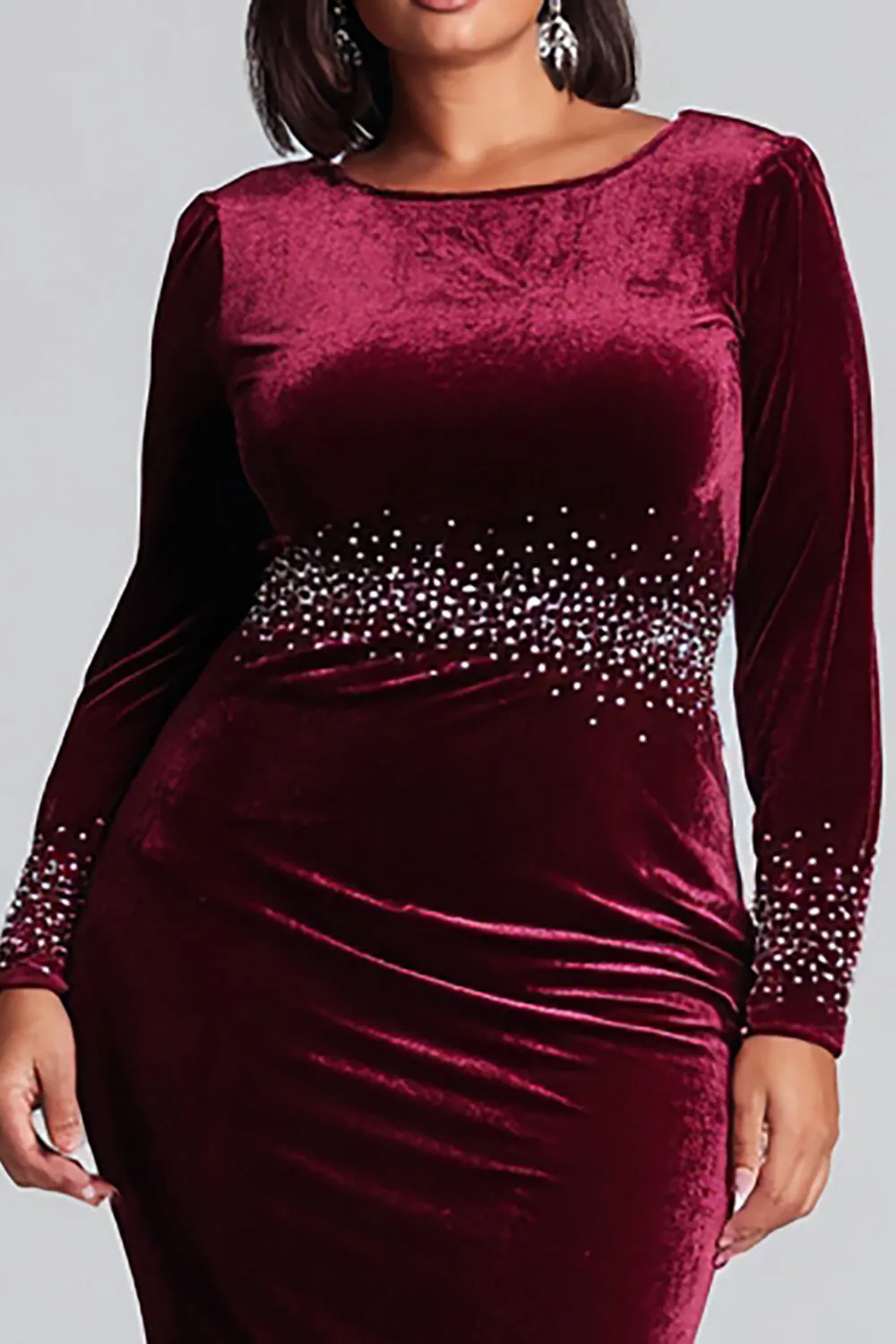 Burgundy Sheath Boat Neck Beaded Velvet Formal Dress sold by Zapaka product image thumbnail 2