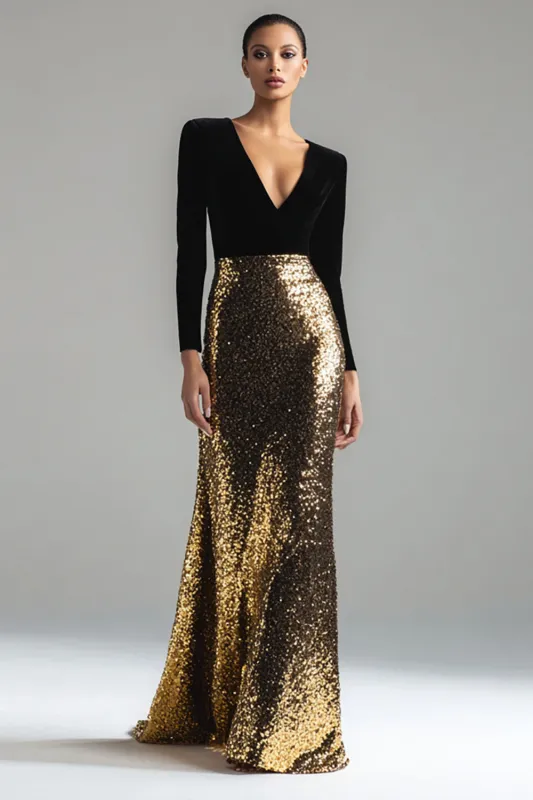 Sparkly Gold and Black V-Neck Sheath Long Formal Dress sold by Zapaka