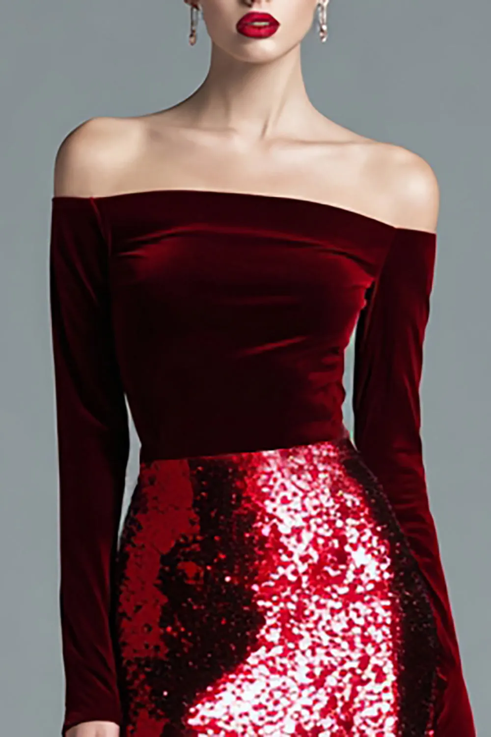 Burgundy Sheath Off the Shoulder Velvet Long Formal Dress sold by Zapaka product image thumbnail 2