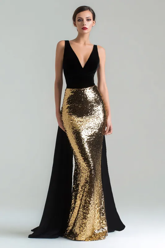 Mermaid Gold and Black V-Neck Velvet Long Formal Dress sold by Zapaka