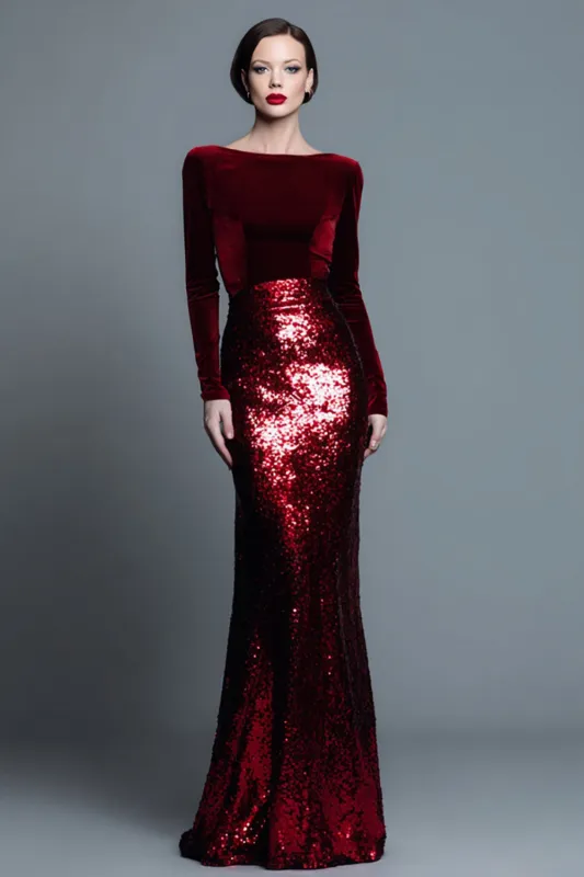 Burgundy Velvet Mermaid Bateau Neck Long Formal Dress sold by Zapaka