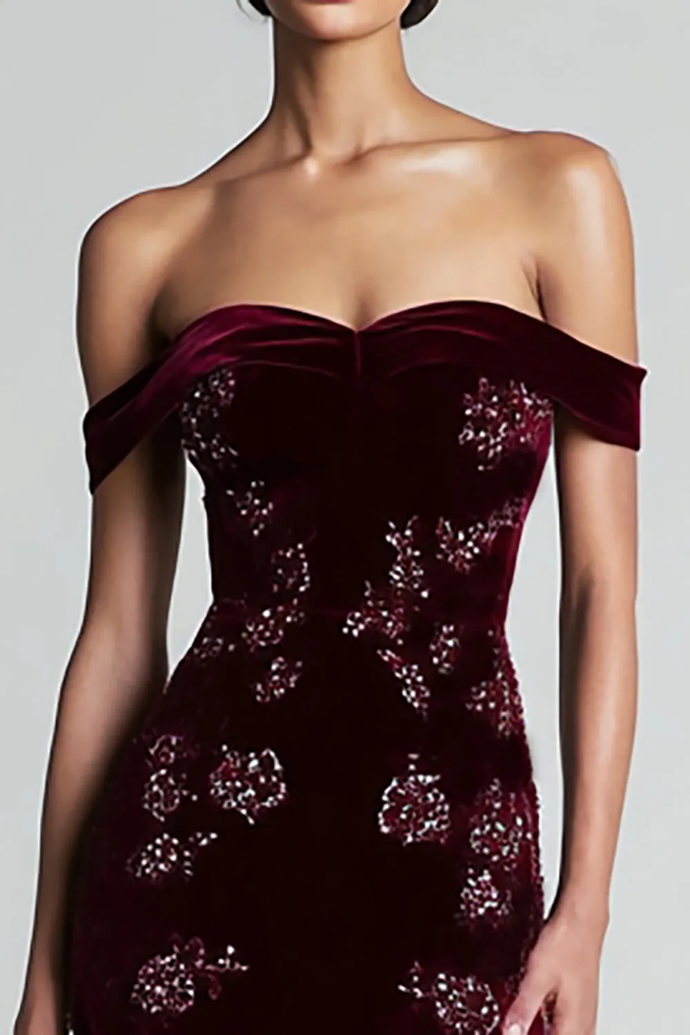 Off the Shoulder Velvet Burgundy Beaded Long Formal Dress sold by Zapaka product image thumbnail 2