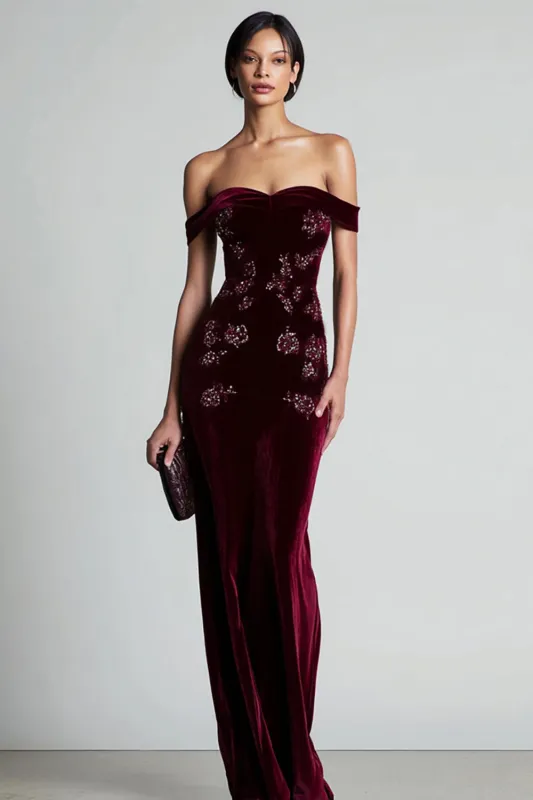 Off the Shoulder Velvet Burgundy Beaded Long Formal Dress sold by Zapaka
