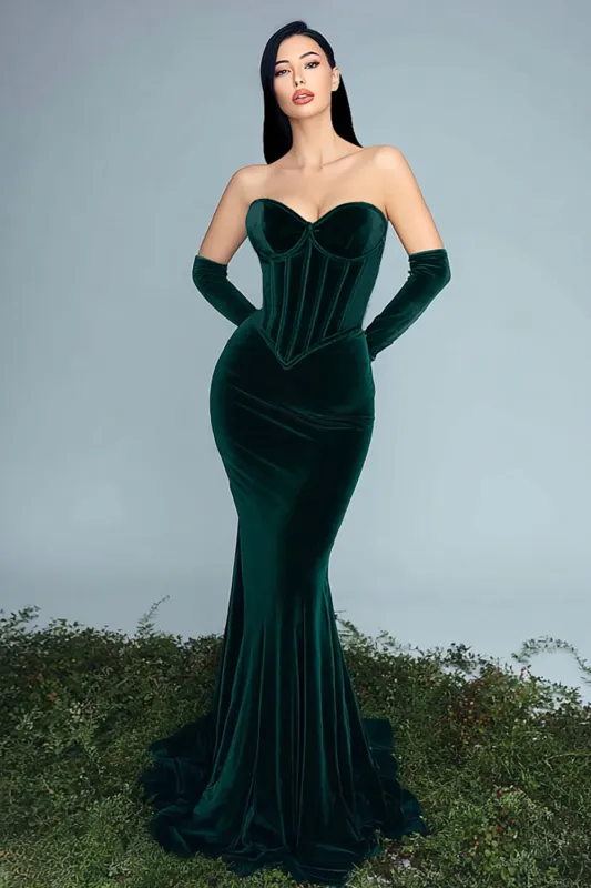 Dark Green Mermaid Sweetheart Corset Velvet Long Formal Dress sold by Zapaka
