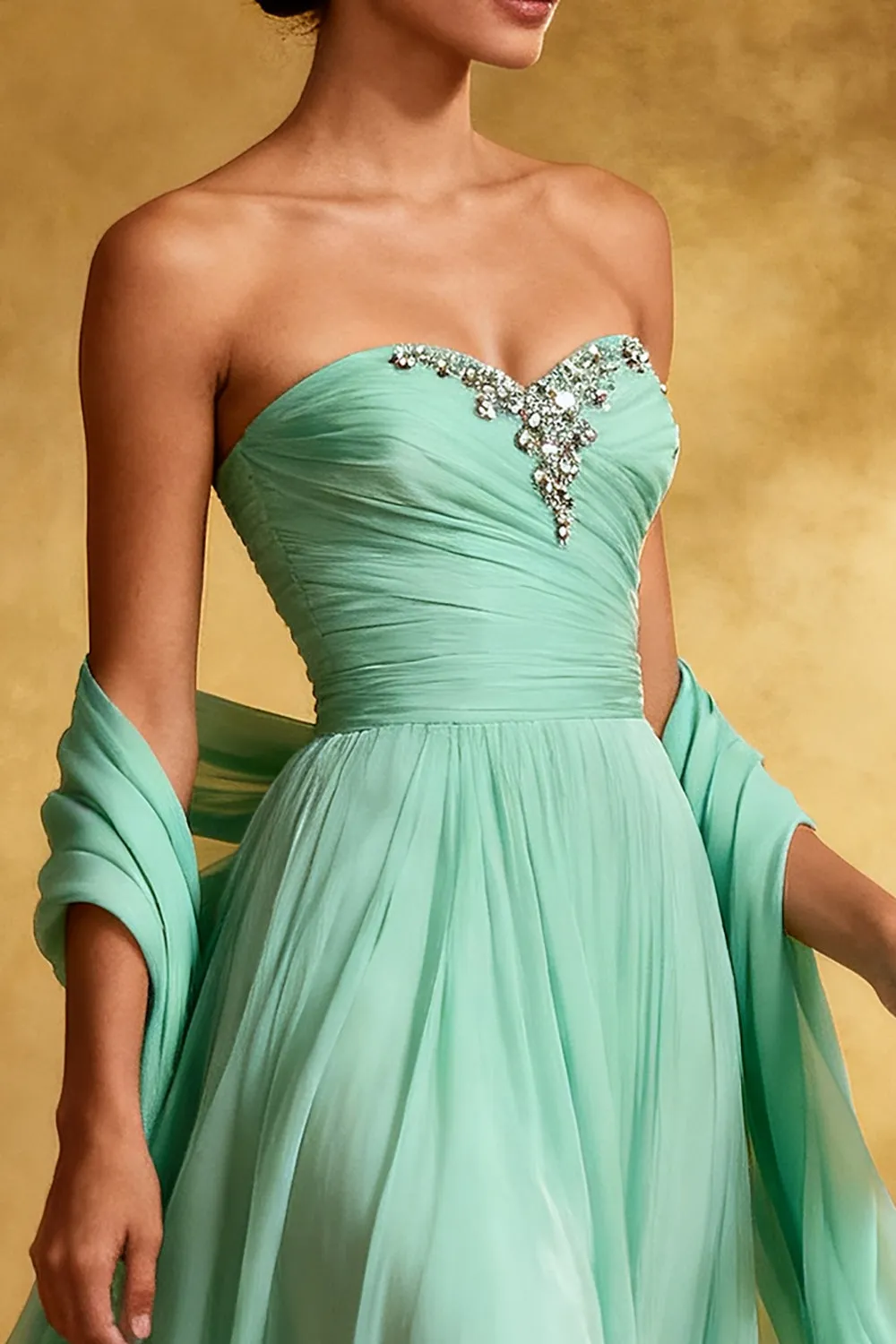Chiffon Mint Green Strapless Pleated A Line Long Evening Dress sold by Zapaka product image thumbnail 3