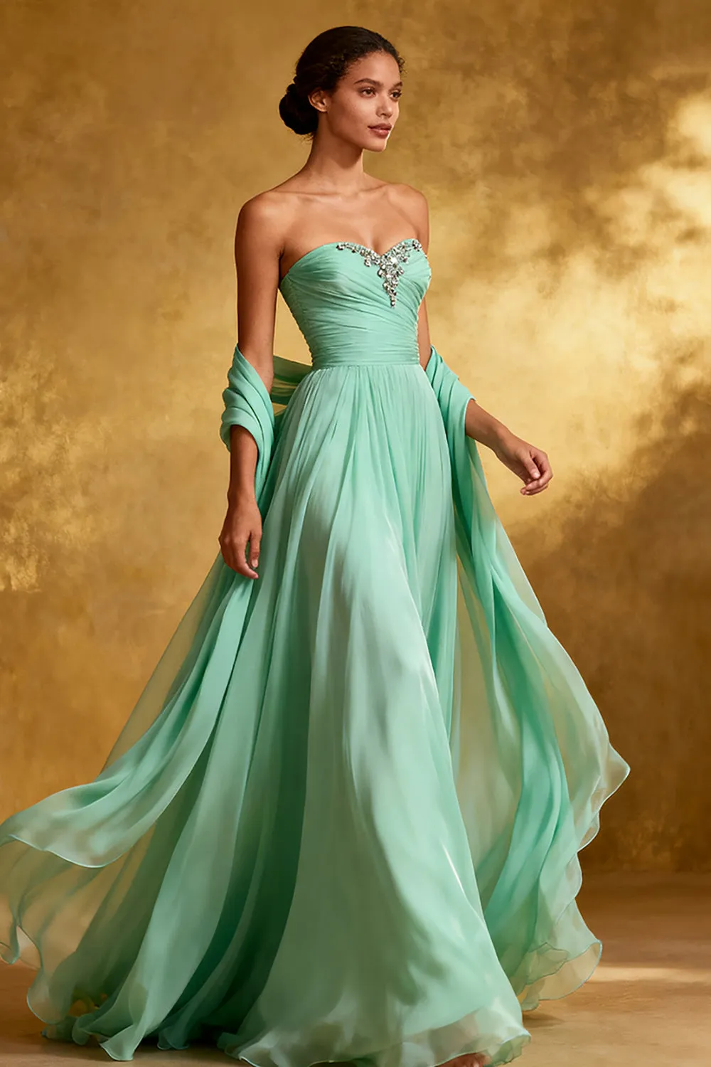 Chiffon Mint Green Strapless Pleated A Line Long Evening Dress sold by Zapaka