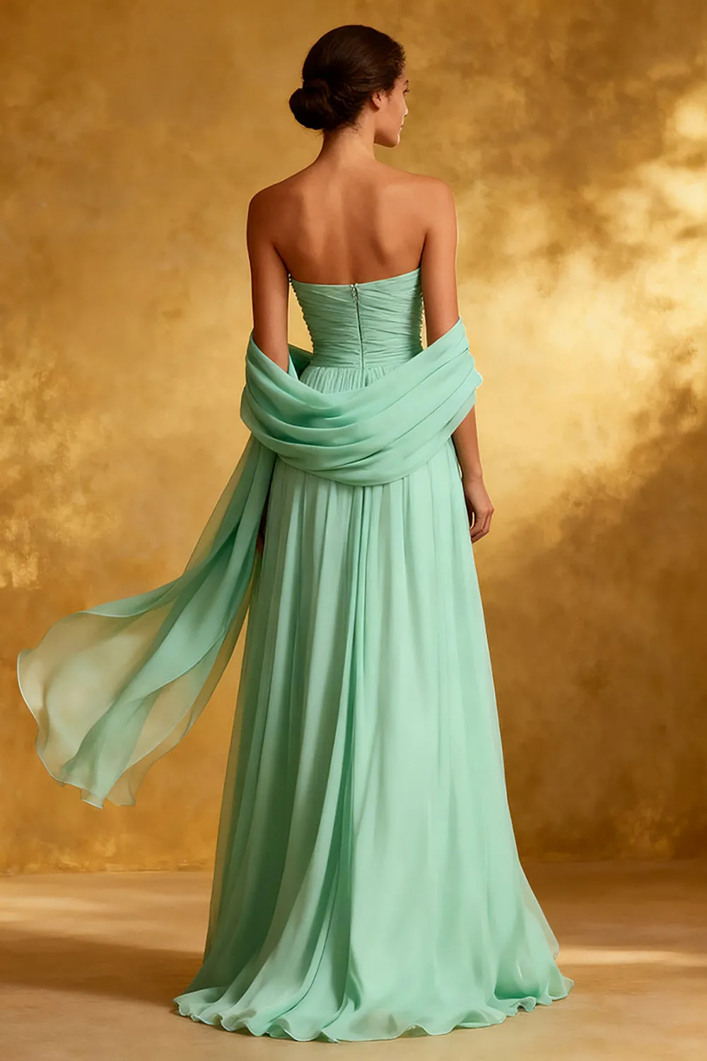 Chiffon Mint Green Strapless Pleated A Line Long Evening Dress sold by Zapaka product image thumbnail 2