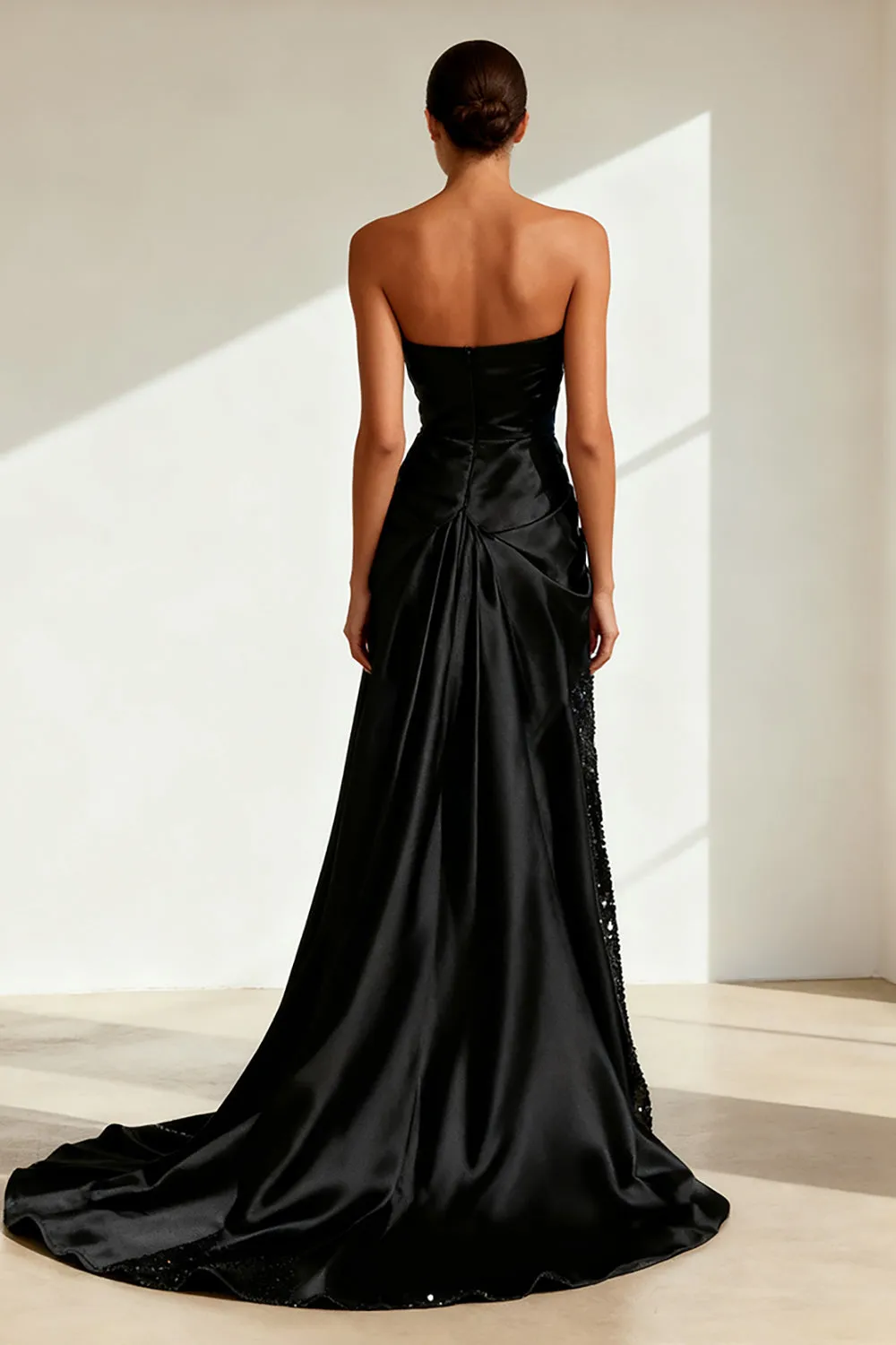 Black Strapless Satin Sequins Long Evening Dress with Slit sold by Zapaka product image thumbnail 2