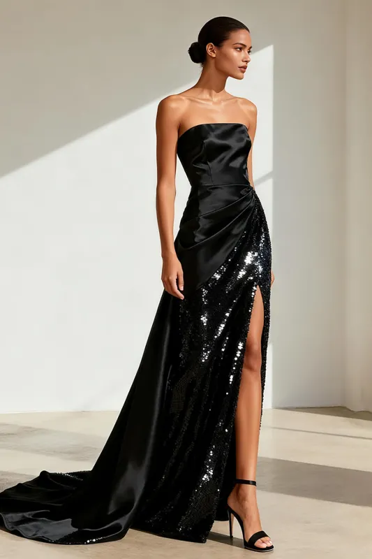 Black Strapless Satin Sequins Long Evening Dress with Slit sold by Zapaka