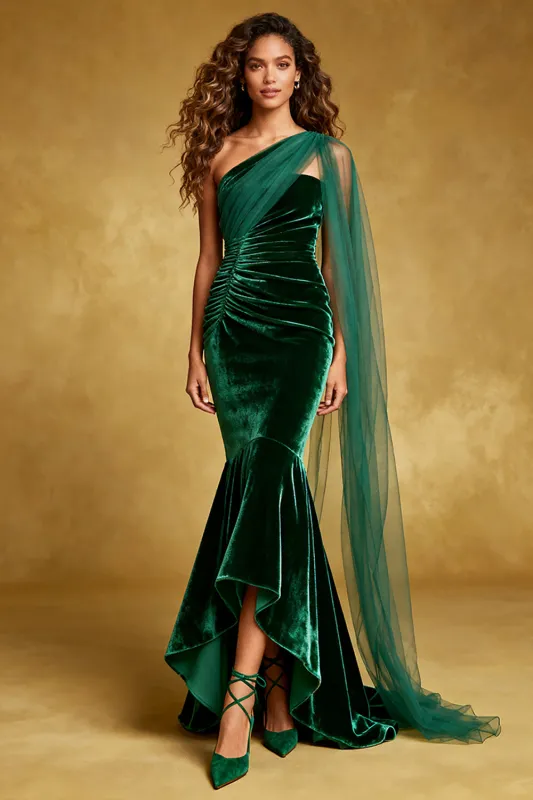 Dark Green Velvet One Shoulder Mermaid Pleated Long Evening Dress with Ruffles sold by Zapaka