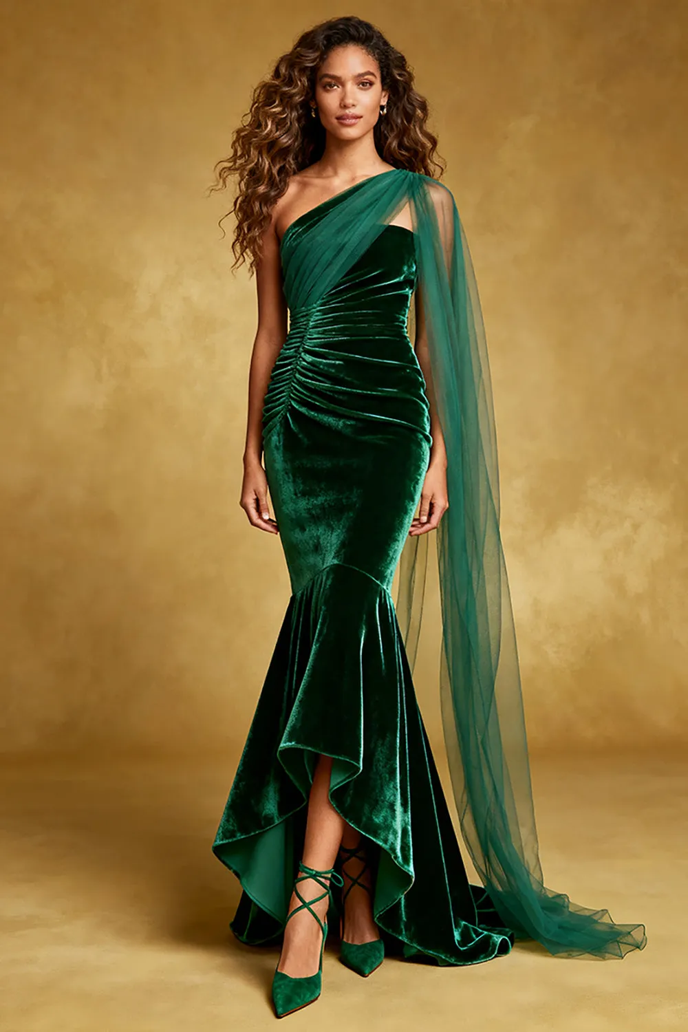 Dark Green Velvet One Shoulder Mermaid Pleated Long Evening Dress with Ruffles sold by Zapaka