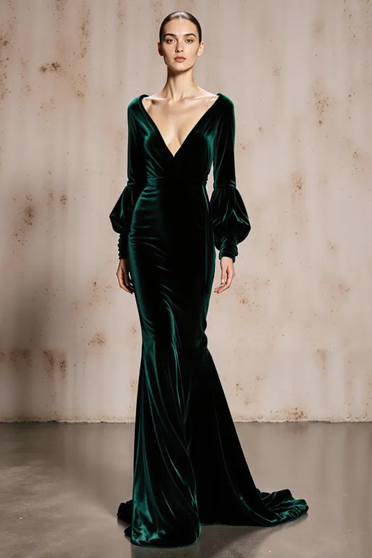Velvet V Neck Mermaid Dark Green Long Evening Dress with Sleeve sold by Zapaka