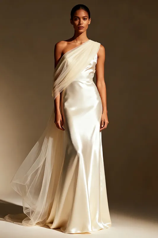 White One Shoulder Satin Mermaid Long Evening Dress sold by Zapaka