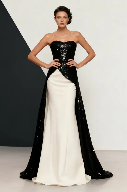 Sparkly Black White Strapless Sequins Mermaid Evening Dress sold by Zapaka