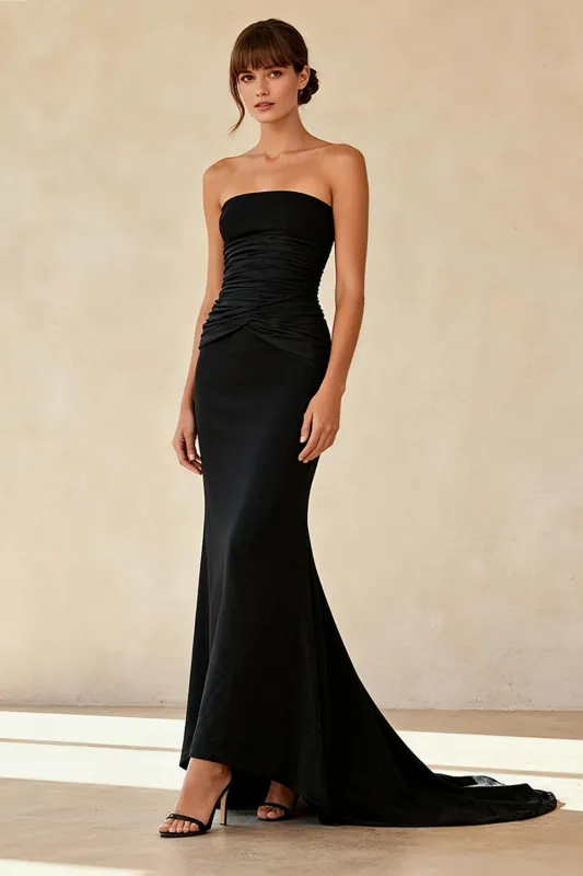 Simple Mermaid Black Strapless Pleated Long Formal Dress sold by Zapaka