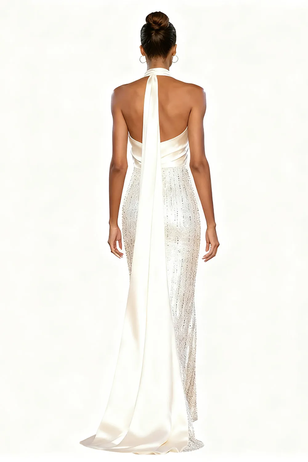 Sparkly White Satin Mermaid Halter Long Formal Dress sold by Zapaka product image thumbnail 2