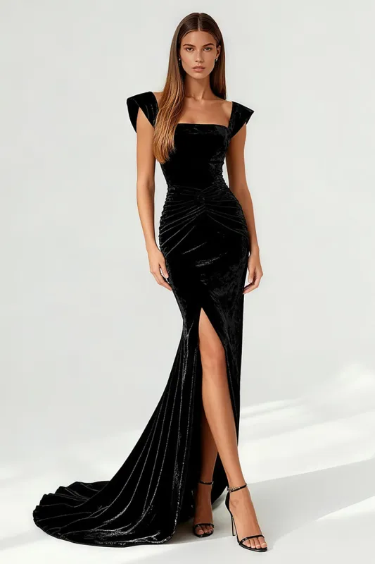 Sparkly Square Neck Mermaid Long Formal Dress with Slit sold by Zapaka