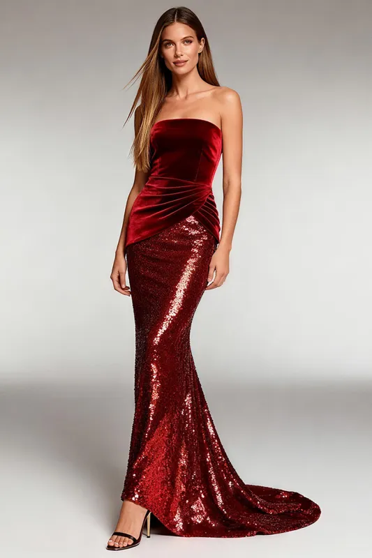 Saprkly Burgundy Strapless Sequins Long Formal Dress sold by Zapaka