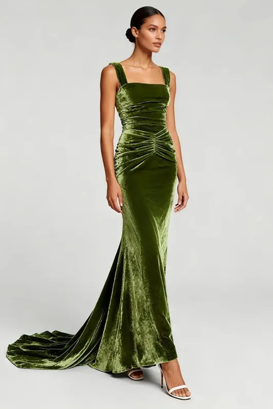 Square Neck Velvet Mermaid Pleated Long Formal Dress sold by Zapaka