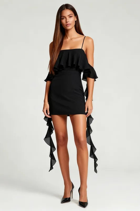 Cold Shoulder Bodycon Little Black Dress with Ruffles sold by Zapaka
