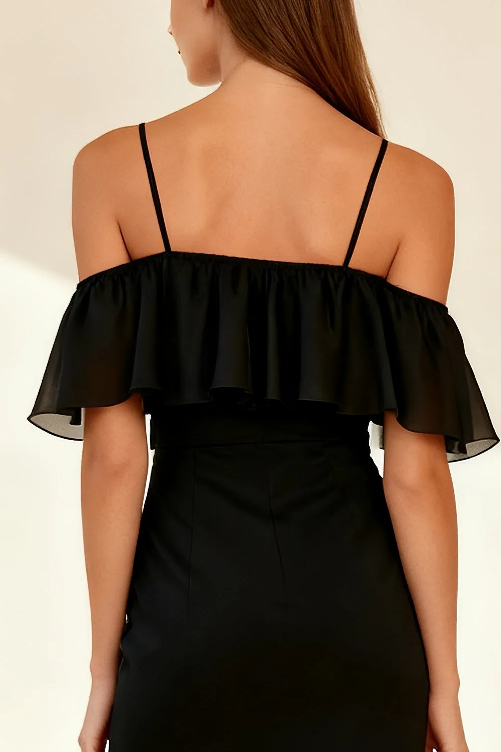 Chiffon Tight Cold Shoulder Little Black Dress with Ruffles sold by Zapaka product image thumbnail 4