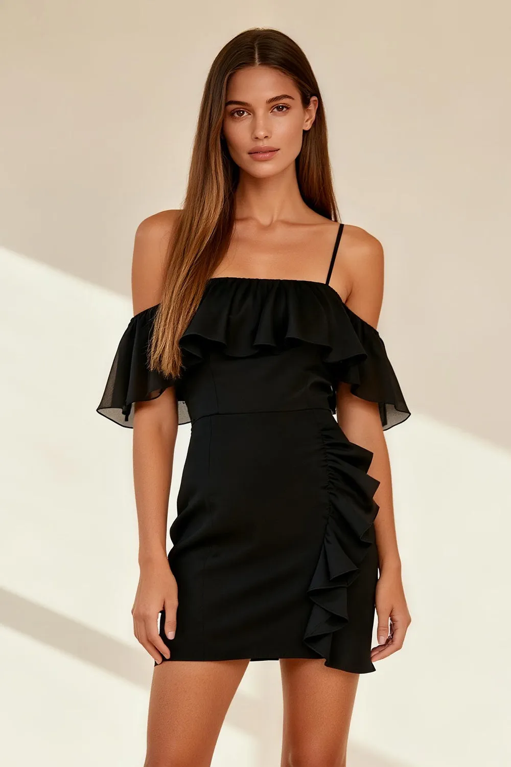 Chiffon Tight Cold Shoulder Little Black Dress with Ruffles sold by Zapaka