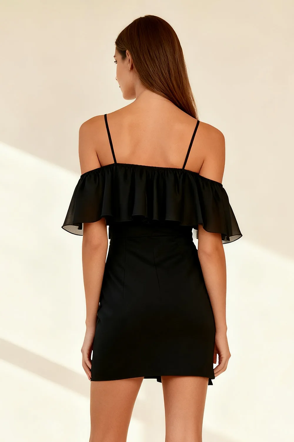 Chiffon Tight Cold Shoulder Little Black Dress with Ruffles sold by Zapaka product image thumbnail 2
