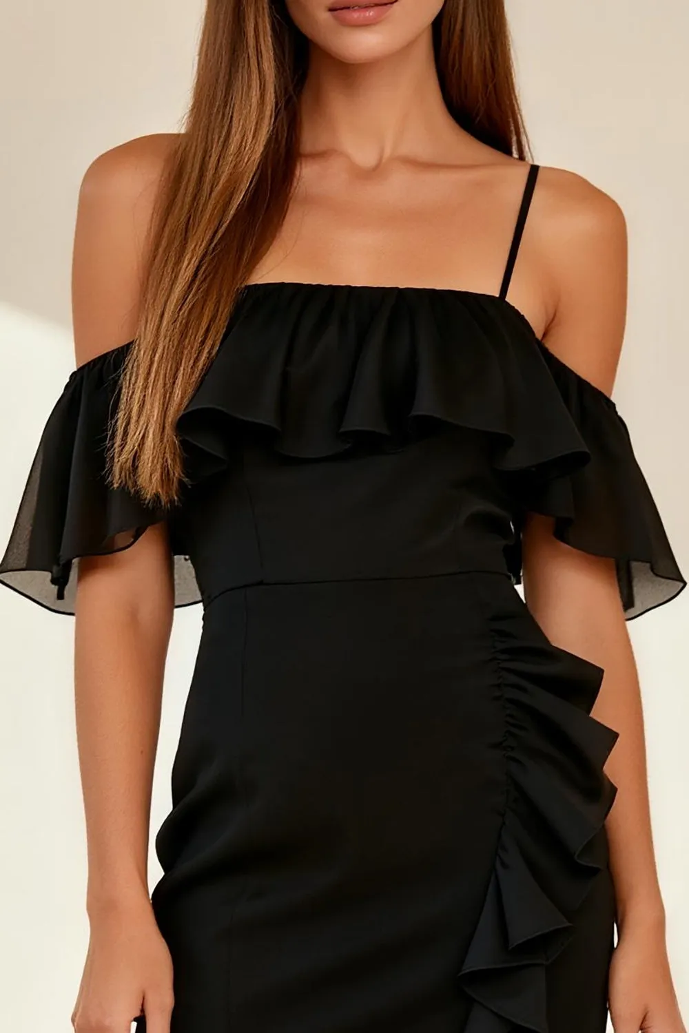 Chiffon Tight Cold Shoulder Little Black Dress with Ruffles sold by Zapaka product image thumbnail 3