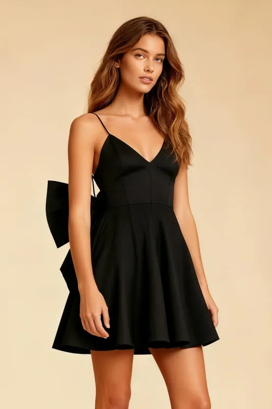 A Line Black Spaghetti Straps Mini Dress with Bow sold by Zapaka